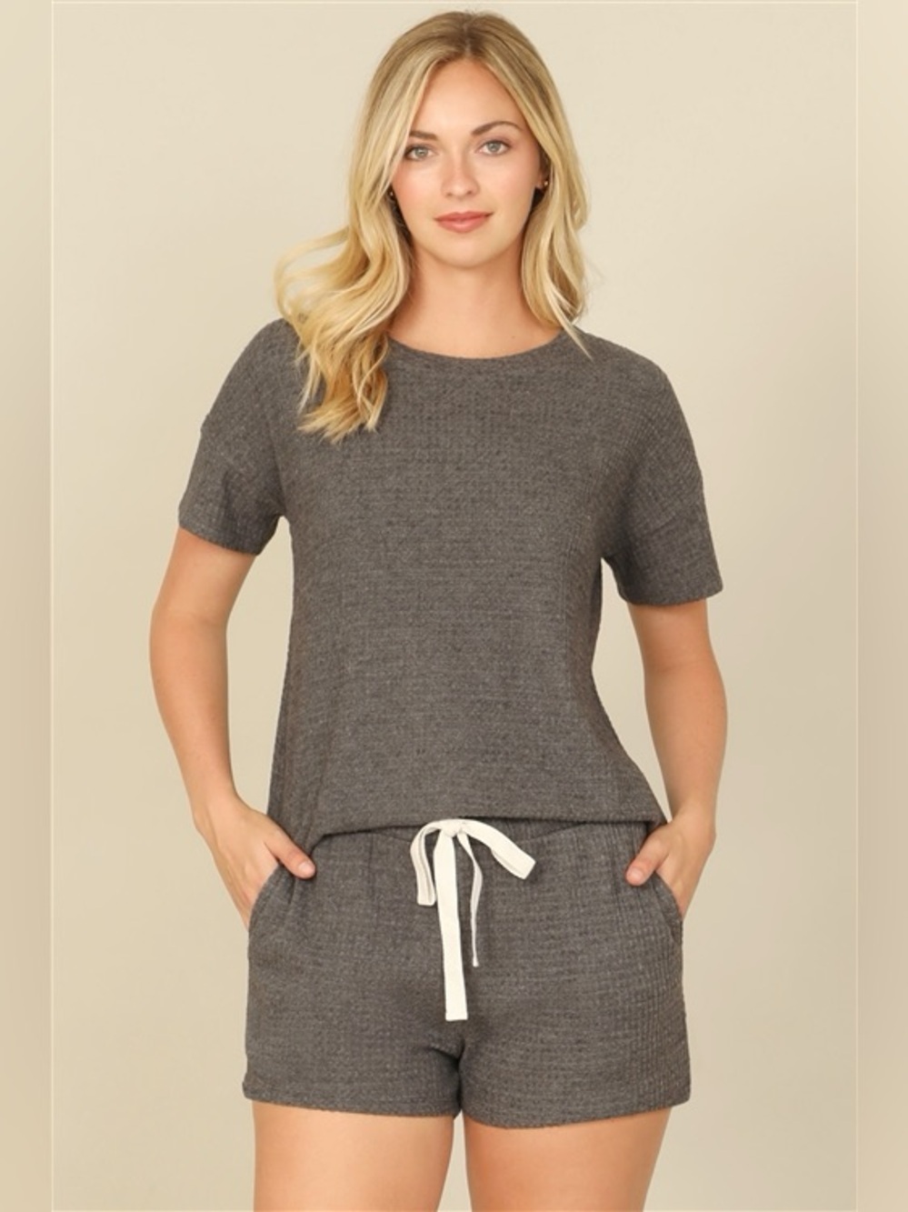 Cozy Short Sleeve Knit Lounge Set - Charcoal Gray